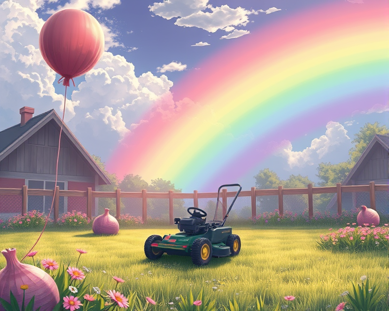 anime, rainbow, onion, lawn mower, balloon